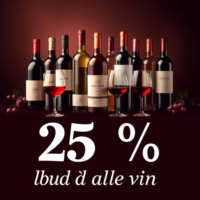 A visually appealing and elegant promotional poster showcasing a 25% discount on all wines