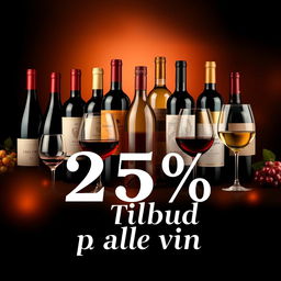 A visually appealing and elegant promotional poster showcasing a 25% discount on all wines