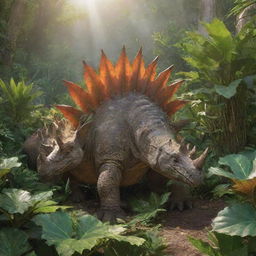 A cluster of Stegosaurus feasting on abundant foliage, their distinctive plates and spikes gleaming in the radiant Jurassic sunlight.