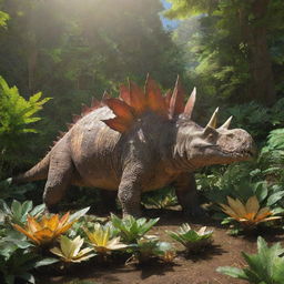 A cluster of Stegosaurus feasting on abundant foliage, their distinctive plates and spikes gleaming in the radiant Jurassic sunlight.