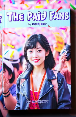 A vibrant and eye-catching book cover for 'The Paid Fans' by norajpov, featuring an attractive Korean idol in the center