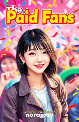 A vibrant and eye-catching book cover for 'The Paid Fans' by norajpov, featuring an attractive Korean idol in the center