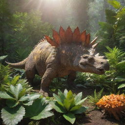 A cluster of Stegosaurus feasting on abundant foliage, their distinctive plates and spikes gleaming in the radiant Jurassic sunlight.