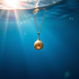 A stunning scene of a necklace featuring a single golden pearl, sinking gracefully underwater