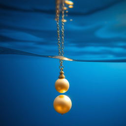 A stunning scene of a necklace featuring a single golden pearl, sinking gracefully underwater
