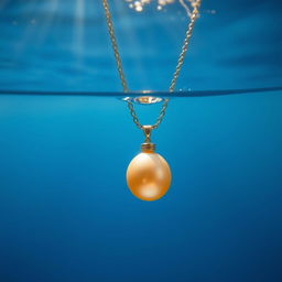 A stunning scene of a necklace featuring a single golden pearl, sinking gracefully underwater
