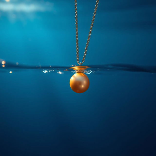 A stunning scene of a necklace featuring a single golden pearl, sinking gracefully underwater