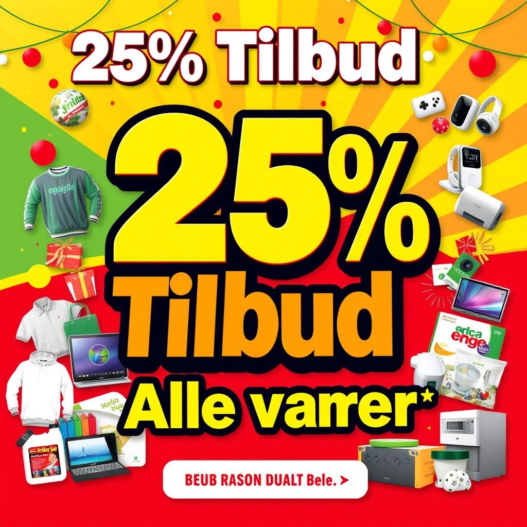 A vibrant promotional poster advertising a 25% discount on all products