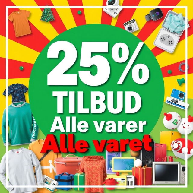 A vibrant promotional poster advertising a 25% discount on all products