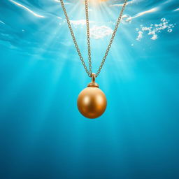 A mesmerizing image of a necklace featuring a single golden pearl, sinking elegantly underwater