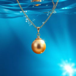 A mesmerizing image of a necklace featuring a single golden pearl, sinking elegantly underwater