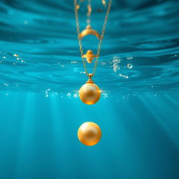 A mesmerizing image of a necklace featuring a single golden pearl, sinking elegantly underwater