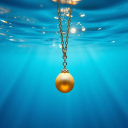 A mesmerizing image of a necklace featuring a single golden pearl, sinking elegantly underwater