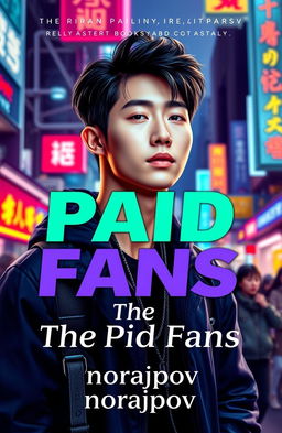 A vibrant and eye-catching book cover for 'The Paid Fans' by norajpov, featuring a striking male Korean idol as the central figure