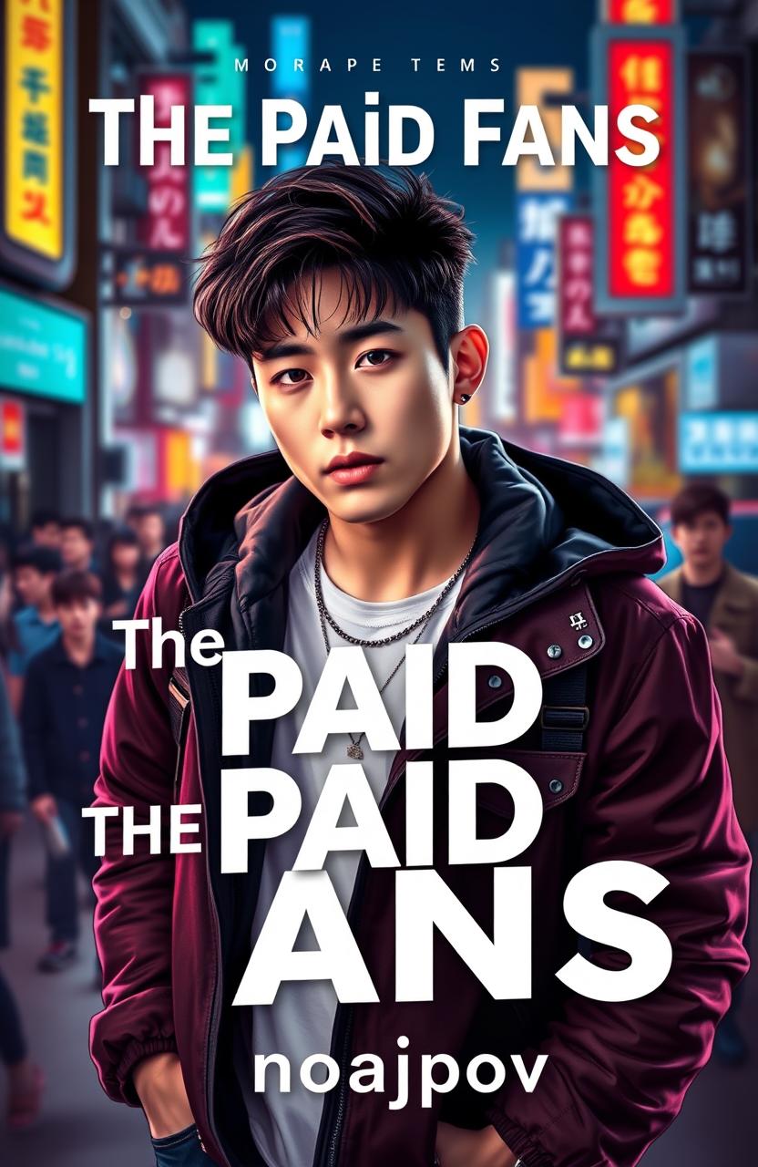 A vibrant and eye-catching book cover for 'The Paid Fans' by norajpov, featuring a striking male Korean idol as the central figure