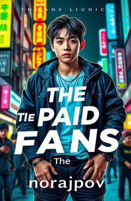 A vibrant and eye-catching book cover for 'The Paid Fans' by norajpov, featuring a striking male Korean idol as the central figure