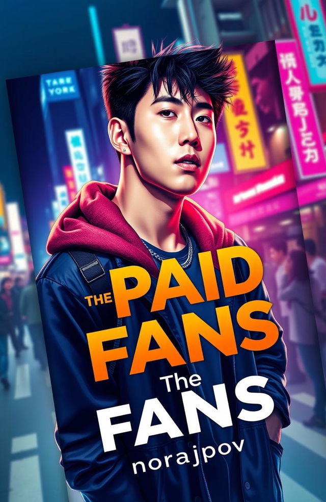 A vibrant and eye-catching book cover for 'The Paid Fans' by norajpov, featuring a striking male Korean idol as the central figure