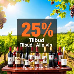 A vibrant and eye-catching advertisement showcasing a wine sale with a bold 25% discount
