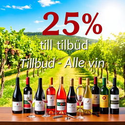 A vibrant and eye-catching advertisement showcasing a wine sale with a bold 25% discount