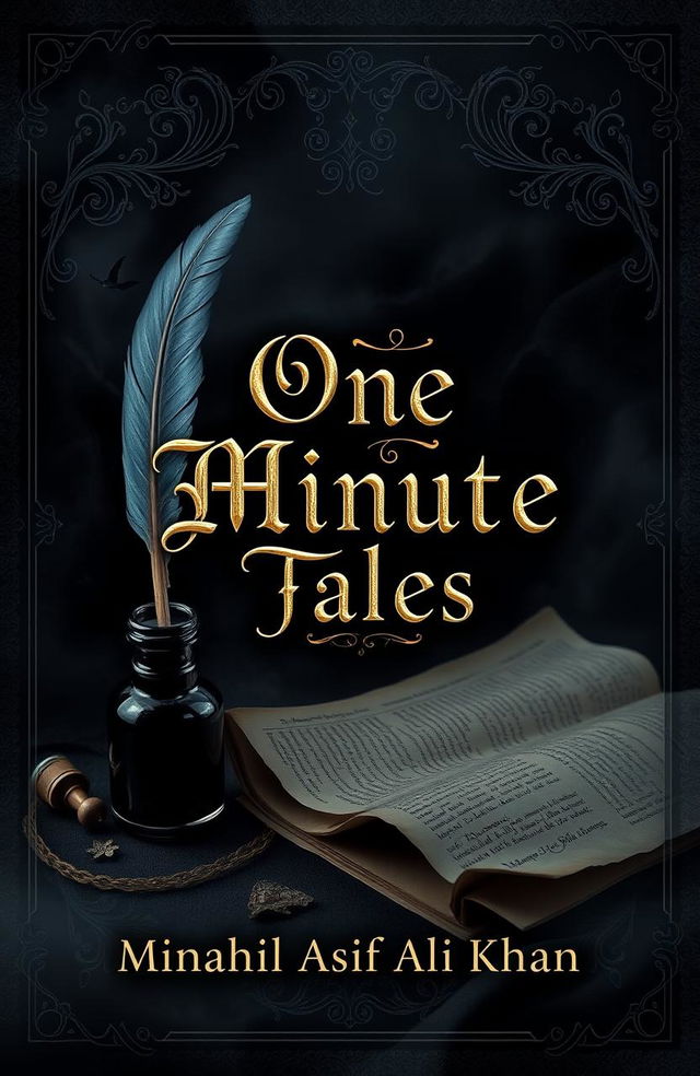 A book cover design for 'One Minute Tales' by Minahil Asif Ali Khan featuring a dark and aesthetic theme