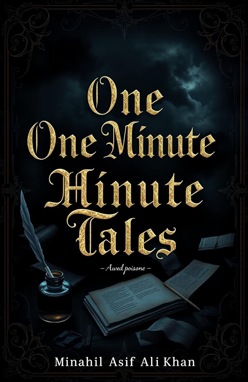 A book cover design for 'One Minute Tales' by Minahil Asif Ali Khan featuring a dark and aesthetic theme