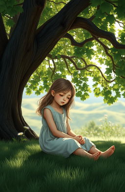 A poignant scene depicting a young girl seated under a large, lush tree, her expression filled with sadness as she cries quietly