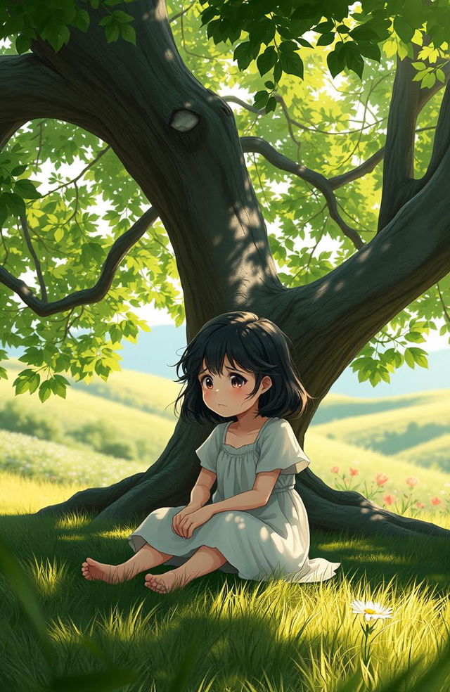 A poignant scene depicting a young girl seated under a large, lush tree, her expression filled with sadness as she cries quietly