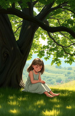 A poignant scene depicting a young girl seated under a large, lush tree, her expression filled with sadness as she cries quietly