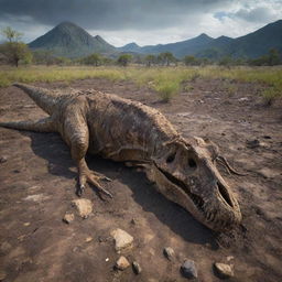 A dramatic image of a deceased dinosaur neatly decomposing, creating a stark yet natural scene in the diverse Jurassic landscape.