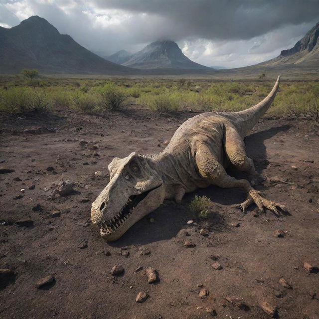 A dramatic image of a deceased dinosaur neatly decomposing, creating a stark yet natural scene in the diverse Jurassic landscape.