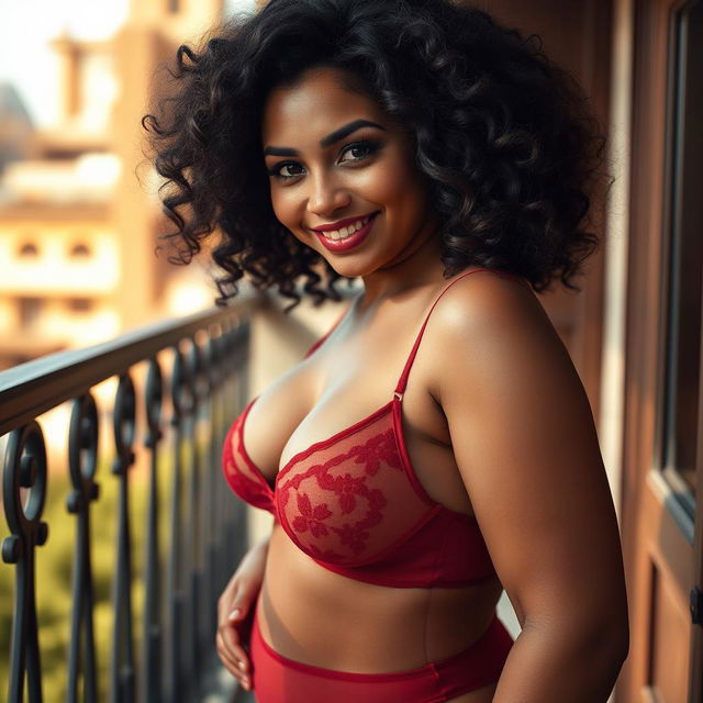 A curvy woman with dark, wavy hair and a deep olive complexion stands confidently near a balcony, dressed in stunning sheer transparent lingerie in a rich red hue