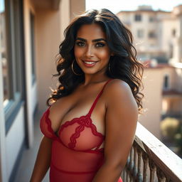 A curvy woman with dark, wavy hair and a deep olive complexion stands confidently near a balcony, dressed in stunning sheer transparent lingerie in a rich red hue