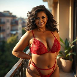 A curvy woman with dark, wavy hair and a deep olive complexion stands confidently near a balcony, dressed in stunning sheer transparent lingerie in a rich red hue