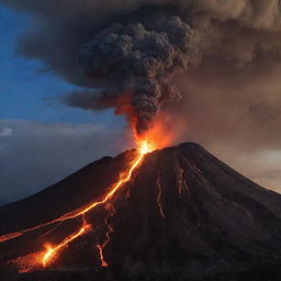 A sudden, breathtaking scene as a volcano, similar to Mount Merapi, fiercely erupts, lighting up the Jurassic sky with bright lava, ash and smoke.