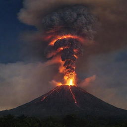 A sudden, breathtaking scene as a volcano, similar to Mount Merapi, fiercely erupts, lighting up the Jurassic sky with bright lava, ash and smoke.