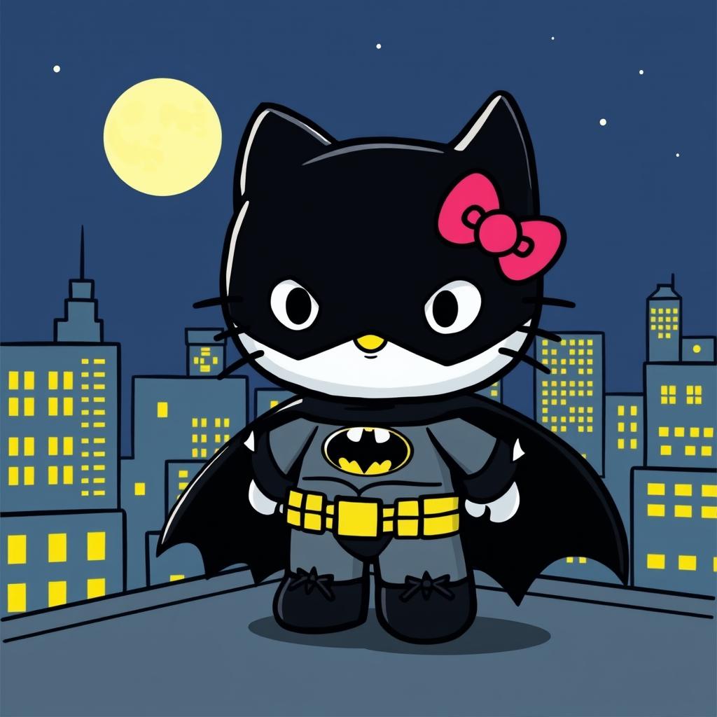 A whimsical crossover character combining Hello Kitty and Batman