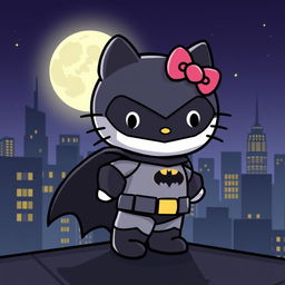 A whimsical crossover character combining Hello Kitty and Batman