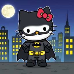 A whimsical crossover character combining Hello Kitty and Batman