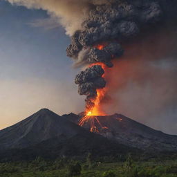 A sudden, breathtaking scene as a volcano, similar to Mount Merapi, fiercely erupts, lighting up the Jurassic sky with bright lava, ash and smoke.