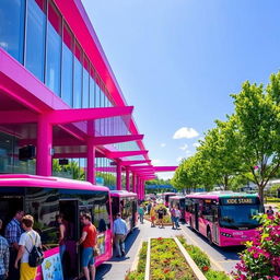 A vibrant and colorful pink bus terminal bustling with activity