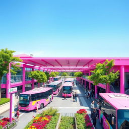 A vibrant and colorful pink bus terminal bustling with activity