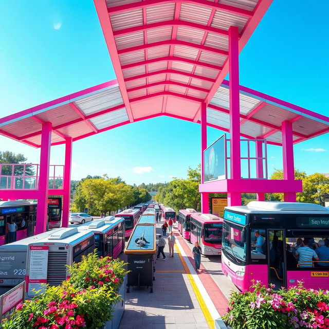 A vibrant and colorful pink bus terminal bustling with activity