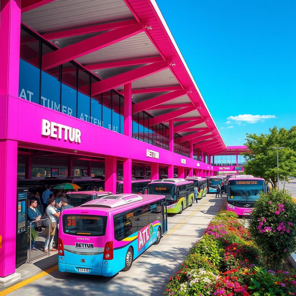 A vibrant and colorful pink bus terminal bustling with activity