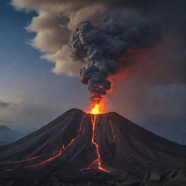 A sudden, breathtaking scene as a volcano, similar to Mount Merapi, fiercely erupts, lighting up the Jurassic sky with bright lava, ash and smoke.