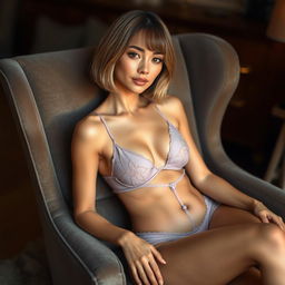 A petite woman with shoulder-length bobbed hair and glowing golden skin sits comfortably in a plush chair, elegantly dressed in soft lavender transparent lingerie that complements her figure