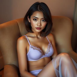 A petite woman with shoulder-length bobbed hair and glowing golden skin sits comfortably in a plush chair, elegantly dressed in soft lavender transparent lingerie that complements her figure