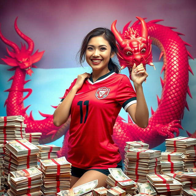 A lively and engaging scene featuring a charming Indonesian woman dressed in a football jersey, playfully flirting while surrounded by stacks of rupiah notes, symbolizing soccer betting