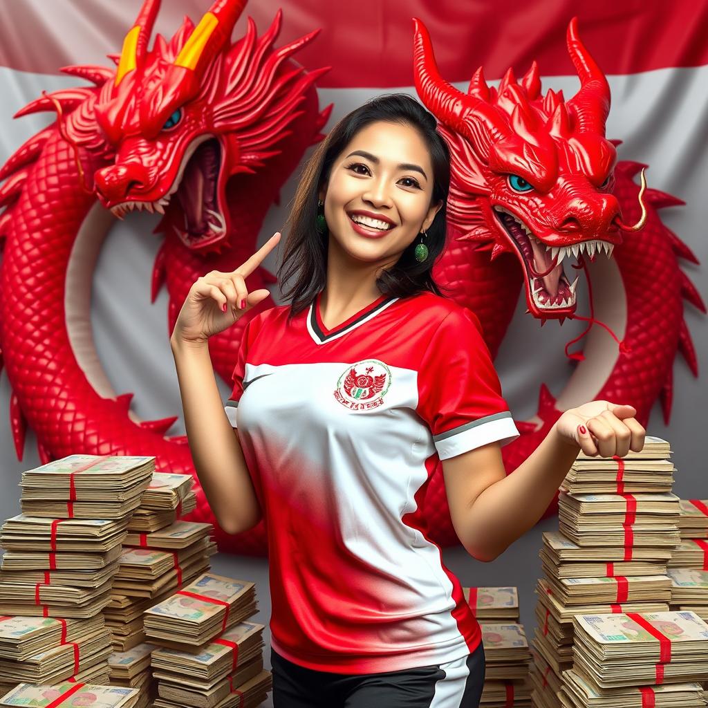 A lively and engaging scene featuring a charming Indonesian woman dressed in a football jersey, playfully flirting while surrounded by stacks of rupiah notes, symbolizing soccer betting