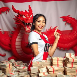 A lively and engaging scene featuring a charming Indonesian woman dressed in a football jersey, playfully flirting while surrounded by stacks of rupiah notes, symbolizing soccer betting