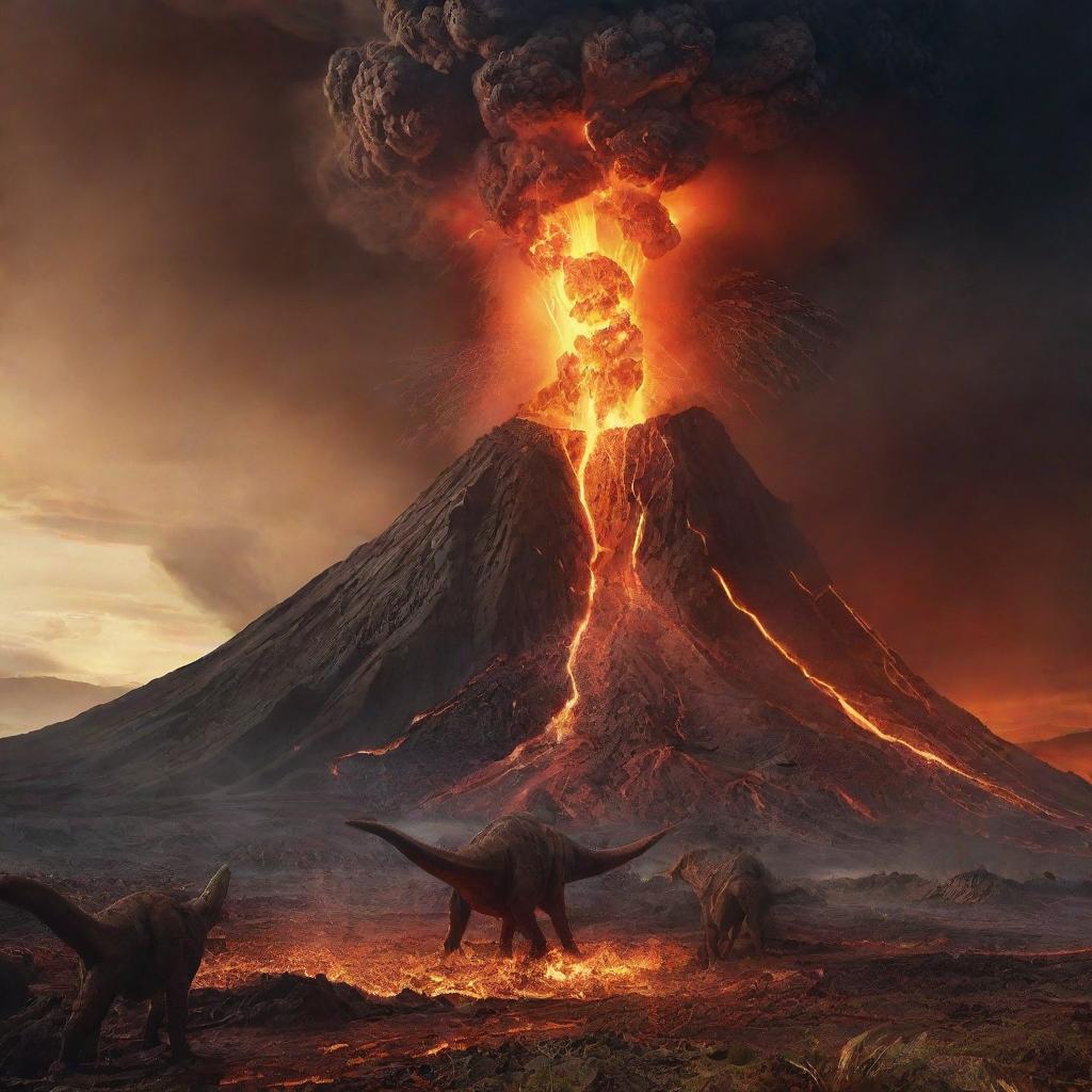 A Cataclysmic image of a volcano violently erupting, spewing molten lava and showering meteors across the Jurassic landscape, sadly resulting in a massive dinosaur extinction.